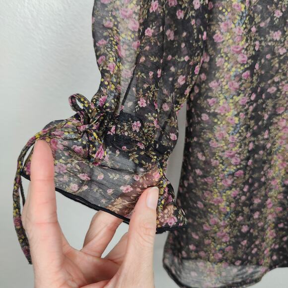 Mosaique Sheer Top Womens Large Black Floral Keyhole Japanese Designer Preppy - Picture 4 of 9